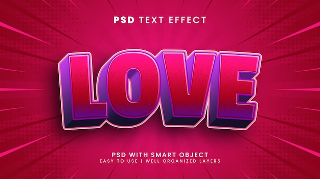 PSD love 3d editable text effect with heart and pink text style