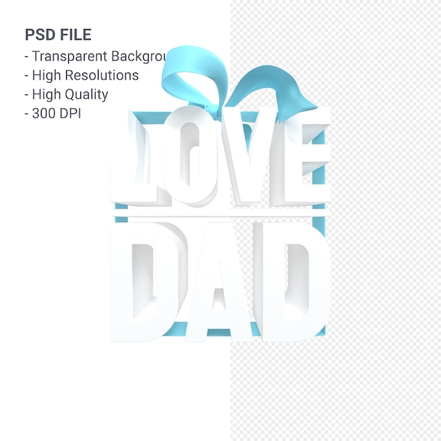 Love dad with bow and ribbon 3D rendering isolated