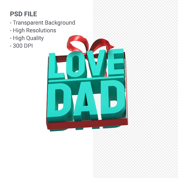 Love dad with bow and ribbon 3D rendering isolated