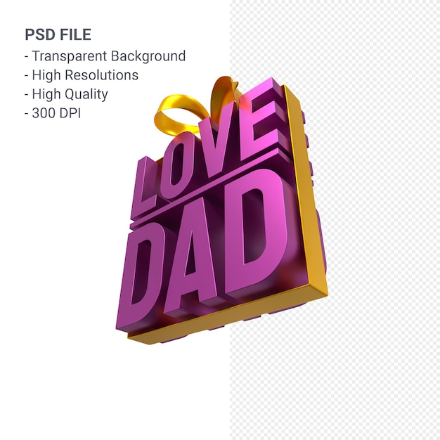 Love dad with bow and ribbon 3D rendering isolated