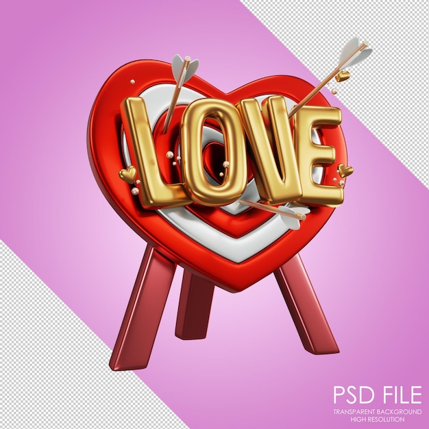 Love darts icoon de inscriptie love in center of the darst rode darts met pijlen op een standaard valentijnsdag darst in de vorm van een hart 3d render 3d illustratie