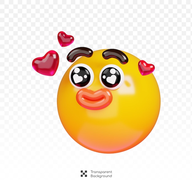 Love face emoji with hearts 3d rendering of emoticon on transparent background
