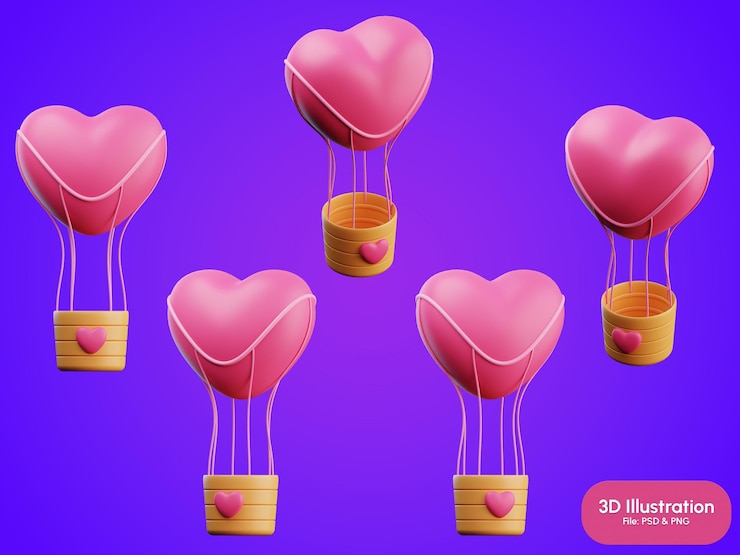 PSD love hot air balloon 3d ilustracja miłości i romansu
