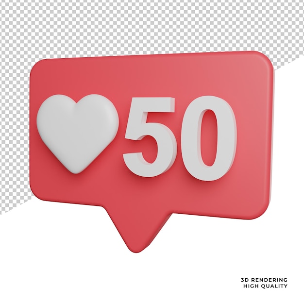 Love like counter notification icona vista laterale 3d rendering illustrazione su sfondo trasparente