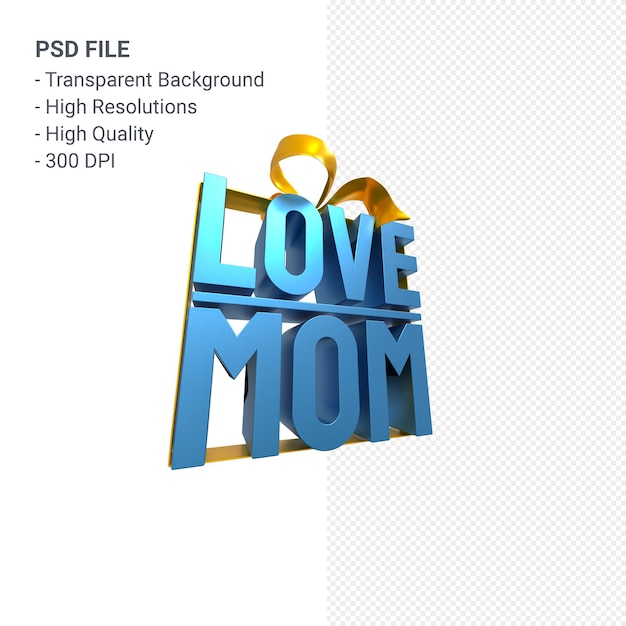 PSD amo la mamma con fiocco e nastro rendering 3d isolato