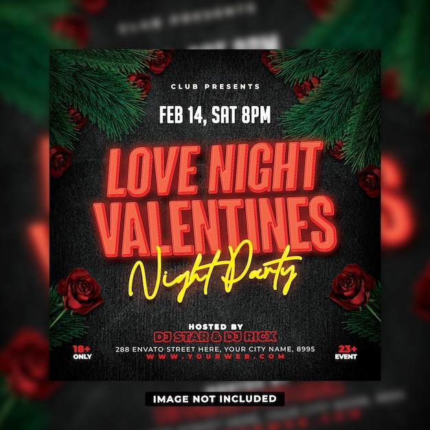 PSD love night valentines day avondfeest flyer of instagram post ontwerpen