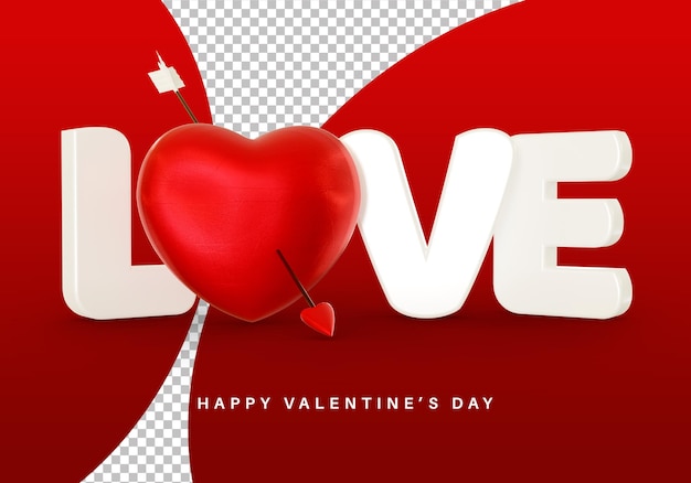 Love text style with valentine's day heart 3d rendering isolated