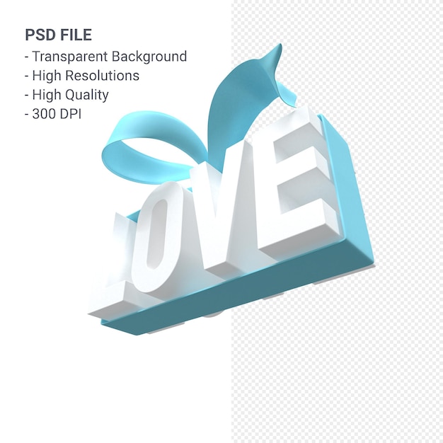 Love text with bow and ribbon 3D rendering isolated