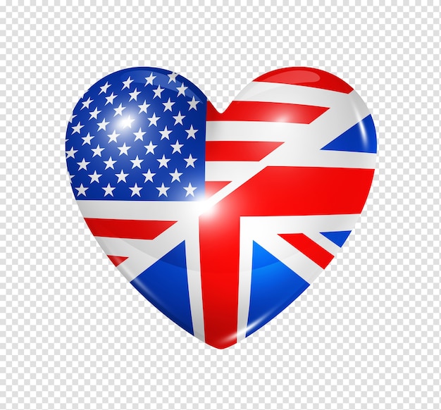 클리핑 패스와 함께 흰색 절연 미국과 영국 기호 3d 심장 플래그 아이콘을 사랑