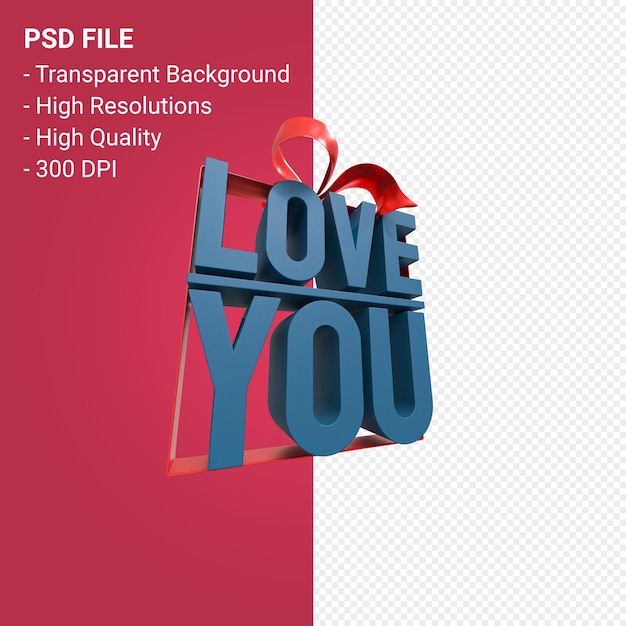 PSD Люблю тебя с бантом и лентой 3d дизайн изолированы