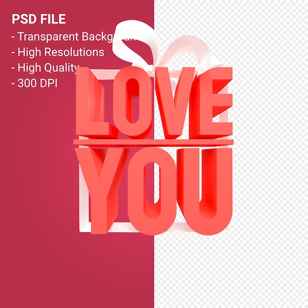 PSD love you with bow and ribbon 3d design on isolated background