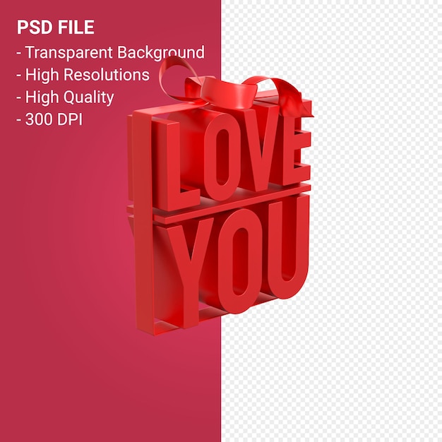 PSD love you with bow and ribbon 3d design on isolated background