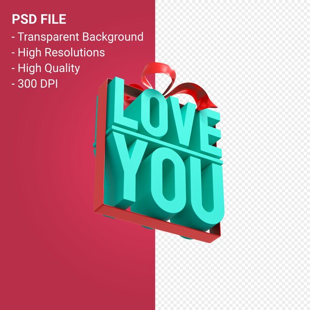 PSD love you with bow and ribbon 3d design isolated