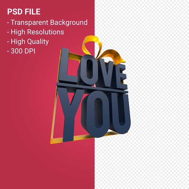 Love you with bow and ribbon 3d design isolated