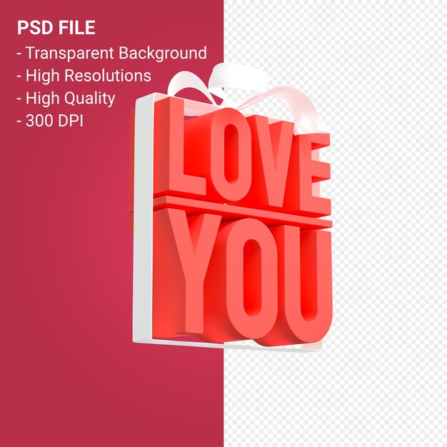 PSD love you with bow and ribbon 3d design isolated