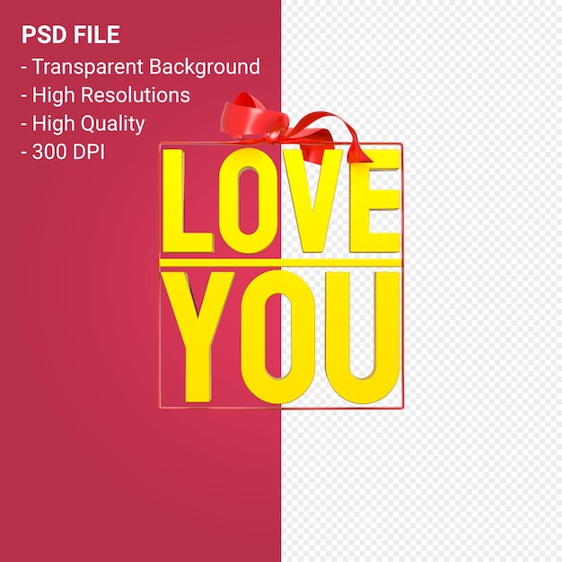 Love you with bow and ribbon 3d design isolated 