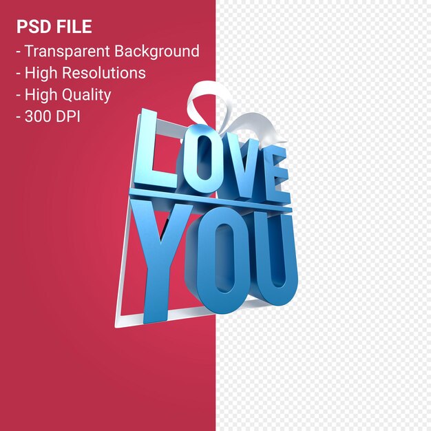 PSD love you with bow and ribbon 3d design isolated