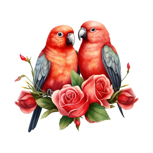PSD lovebird sitting on a branch with roses ai generated image