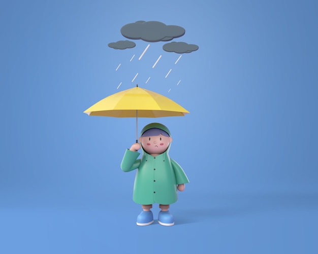 PSD lovely boy wearing raincoat holding an umbrella on a rainy day, black cloud and thunder