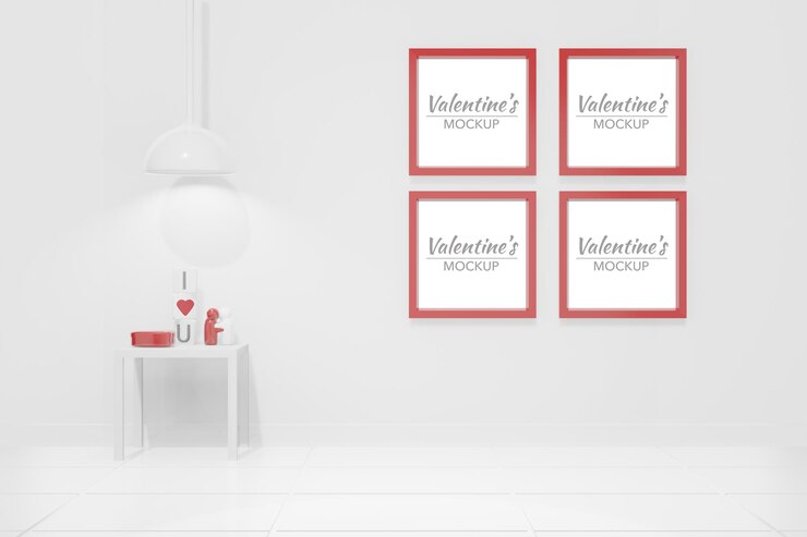 PSD lovely happy valentines day room with frame in 3d model mockup