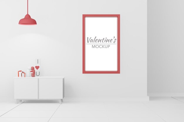 Lovely happy valentines day room with frame in 3d model mockup