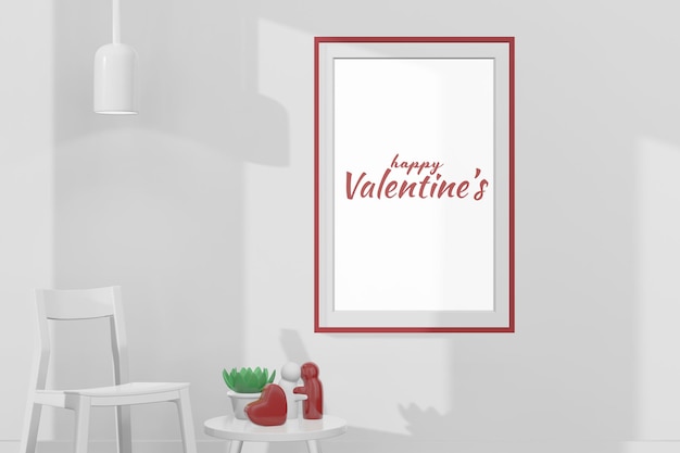 Bella camera felice di san valentino con mockup di cornice in rendering 3d