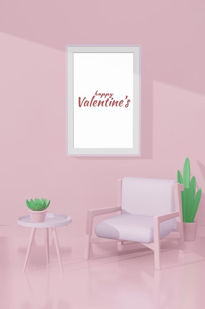 Bella stanza di san valentino felice con modello di cornice in mockup modello 3d