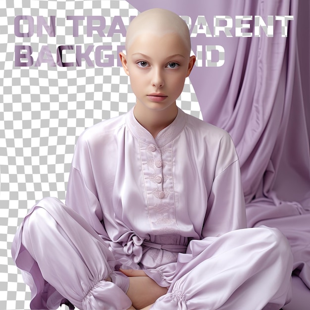 PSD una bambina amorevole con i capelli calvi dell'etnia scandinava vestita in abito drafter posa in uno stile graceful floor seating su uno sfondo pastel lilac