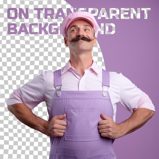 PSD a loving middle aged man with short hair from the slavic ethnicity dressed in plumber attire poses in a standing with arms raised style against a pastel lavender background