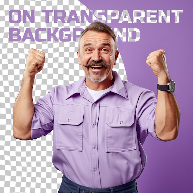 A loving middle aged man with short hair from the slavic ethnicity dressed in plumber attire poses in a standing with arms raised style against a pastel lavender background