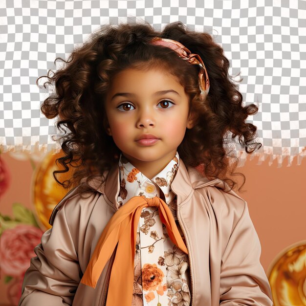 PSD a loving preschooler girl with kinky hair from the slavic ethnicity dressed in editor attire poses in a crossed arms confidence style against a pastel apricot background