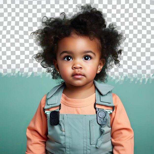 PSD a loving toddler woman with kinky hair from the african ethnicity dressed in engineer attire poses in a head tilt with a serious expression style against a pastel mint background