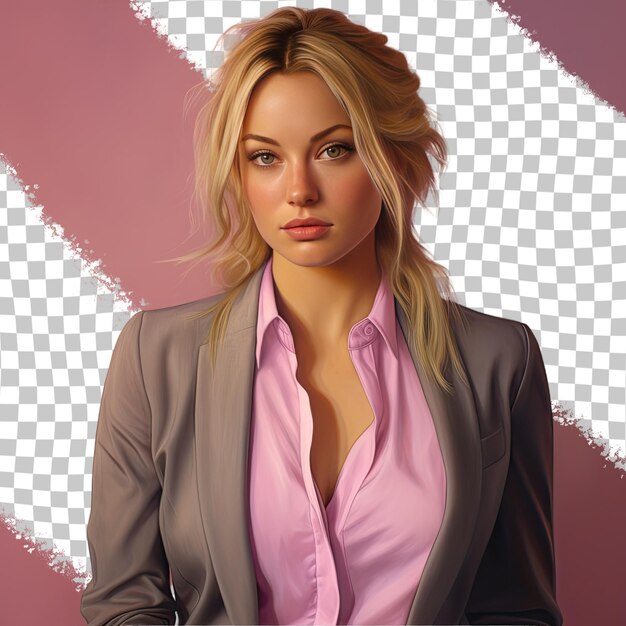 PSD a loving young adult woman with blonde hair from the mongolic ethnicity dressed in sales manager attire poses in a intense direct gaze style against a pastel mauve background