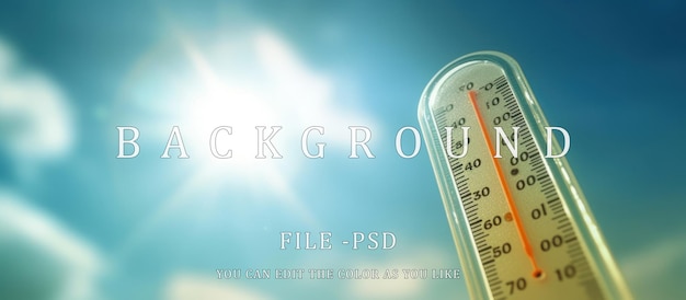PSD low angle view of thermometer on blue sky with sun shining in summer showing increasing temperature