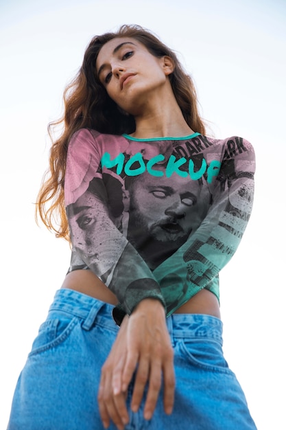 PSD low angle woman wearing cool shirt mockup