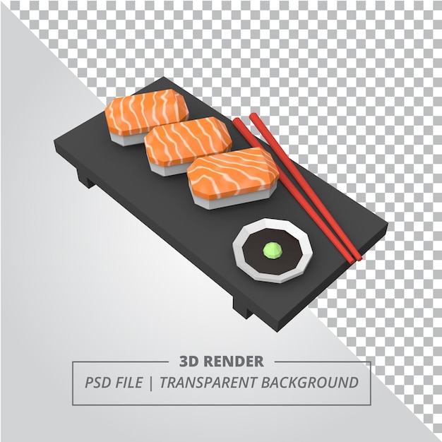 Render 3d del sushi di salmone basso poli