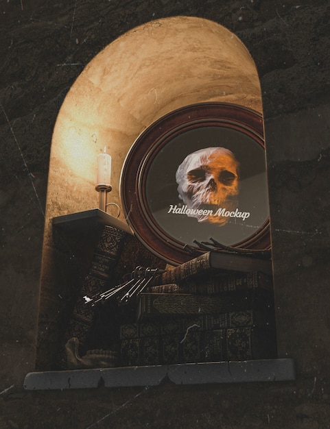 PSD low view halloween round frame with skull and pile of books