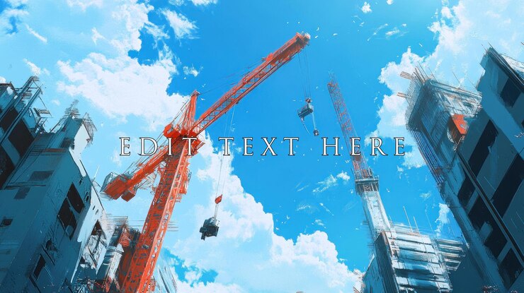 PSD 建設中の都市開発と高層ビルを展示するふわふわの雲と明るい青い空に照らされた建設クレーンの低角度の景色