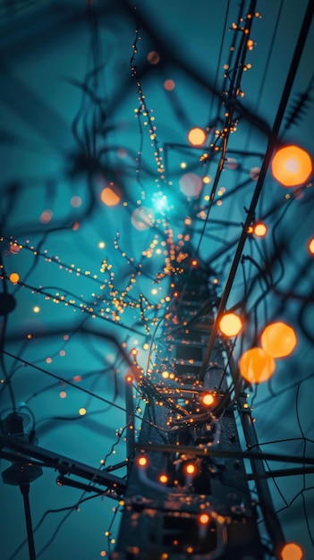 Lowangle view of illuminated wires and lights at night creating a bokeh effect