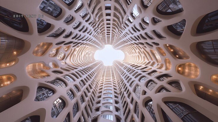 PSD lowangle view of a modern buildings atrium showcasing its intricate organic design and a bright sky visible from the top