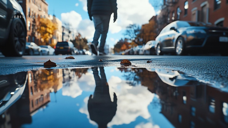 PSD lowangle view of a person walking down a city street reflected in a puddle
