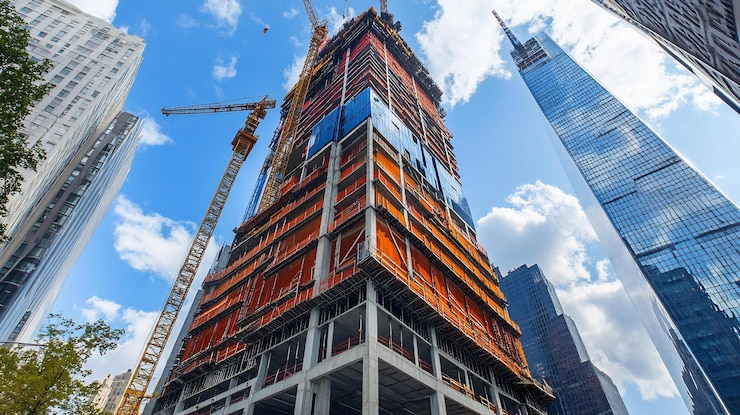 PSD lowangle view of a skyscraper under construction surrounded by other buildings and construction cranes against a partly cloudy sky