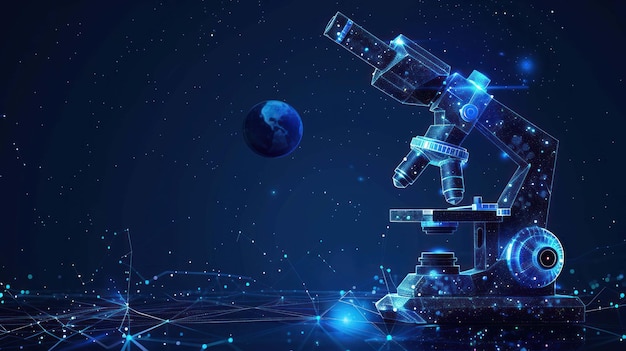 A lowpoly 3D rendering of a microscope against a dark blue background with a planet and a network of connections