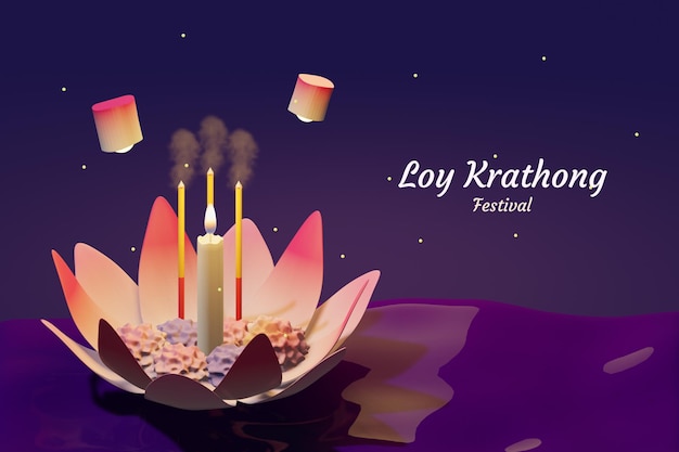 Loy krathong festival in thailandia banner design con contenitore di loto galleggiante a forma di foglie