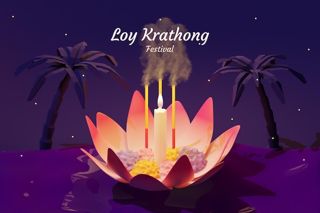 PSD loy krathong festival w tajlandii celebracja ilustracja na fioletowym tle