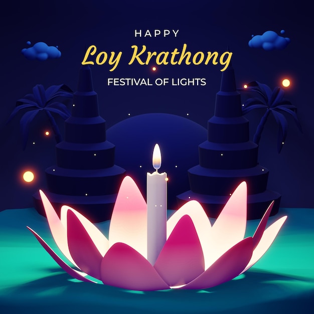 ロイクラトン、満月、塔、寺院の背景を持つタイの伝統的な祭り