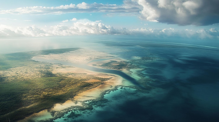 PSD luchtfoto van de kustlijn van een tropisch eiland met turquoise water en dramatische wolken