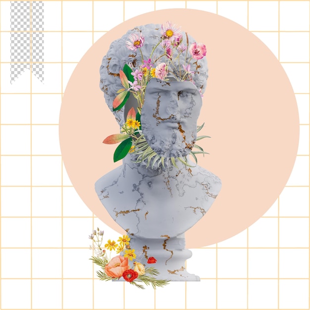 PSD lucius verus statues 3d render collage with flower petals compositions for your work