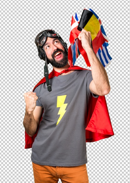 Lucky superhero with a lot of flags