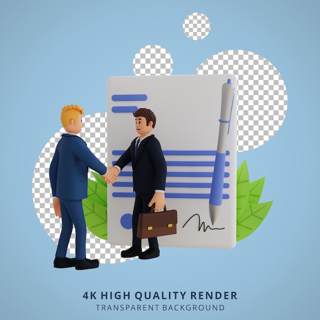 Ludzie biznesu współpracują i podpisują 3d ilustracji postaci